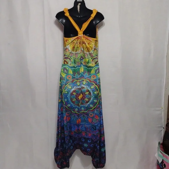 Colorful Boho Drop Crotch Harem Jumpsuit Womens Racerback Festival Yoga Romper L - Picture 8 of 12